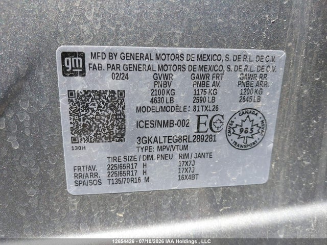 12654426 :رقم المزاد ، 3GKALTEG8RL289281 vin ، 2024 Gmc Terrain Sle مزاد بيع