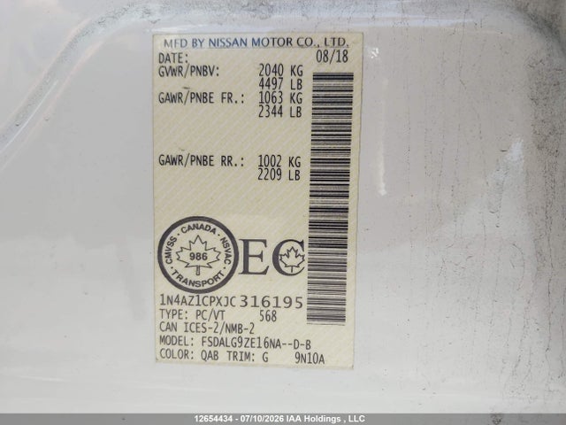 Продажа на аукционе авто 2018 Nissan Leaf S/sv/sl, vin: 1N4AZ1CPXJC316195, номер лота: 12654434