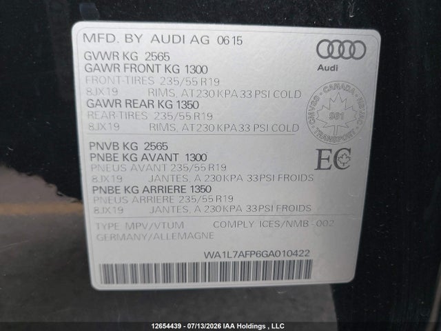 Продаж на аукціоні авто 2016 Audi Q5 Technik, vin: WA1L7AFP6GA010422, номер лоту: 12654439