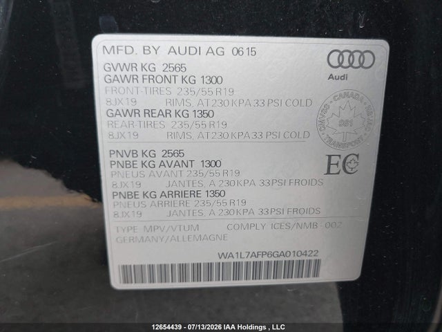 Продаж на аукціоні авто 2016 Audi Q5 Technik, vin: WA1L7AFP6GA010422, номер лоту: 12654439