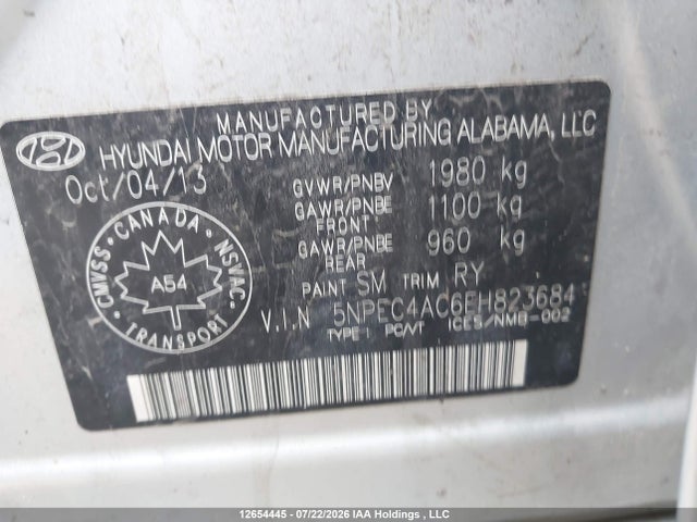 12654445 :رقم المزاد ، 5NPEC4AC6EH823684 vin ، 2014 Hyundai Sonata Se مزاد بيع