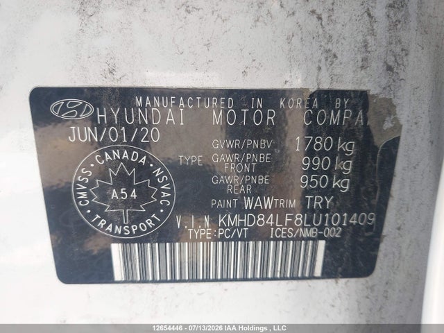 12654446 :رقم المزاد ، KMHD84LF8LU101409 vin ، 2020 Hyundai Elantra Sel/value/limited مزاد بيع