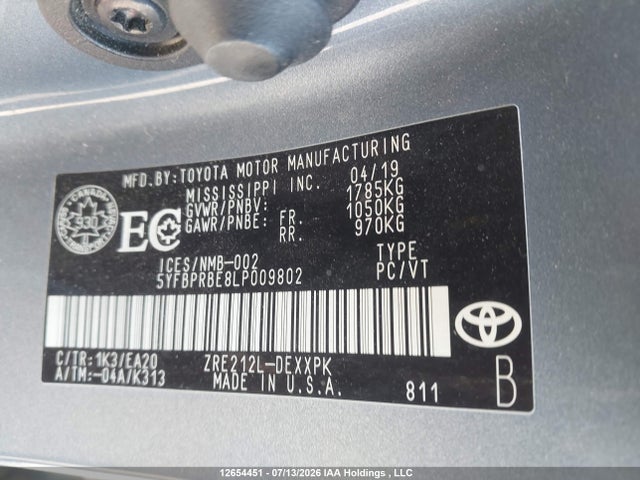 Продажа на аукционе авто 2020 Toyota Corolla Le, vin: 5YFBPRBE8LP009802, номер лота: 12654451