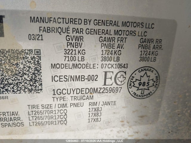 Aukcja sprzedaży 2021 Chevrolet Silverado K1500 Lt, vin: 1GCUYDED0MZ259697, numer aukcji: 12654463