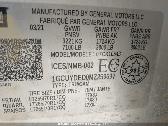 Aukcja sprzedaży 2021 Chevrolet Silverado K1500 Lt, vin: 1GCUYDED0MZ259697, numer aukcji: 12654463