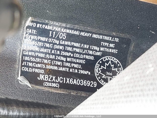Продажа на аукционе авто 2006 Kawasaki Zx636 C1, vin: JKBZXJC1X6A036929, номер лота: 12654470