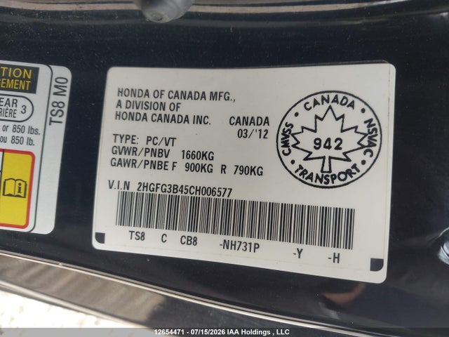 Продаж на аукціоні авто 2012 Honda Civic Lx, vin: 2HGFG3B45CH006577, номер лоту: 12654471