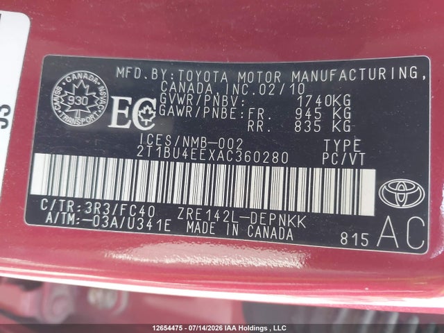 12654475 :رقم المزاد ، 2T1BU4EEXAC360280 vin ، 2010 Toyota Corolla Le مزاد بيع