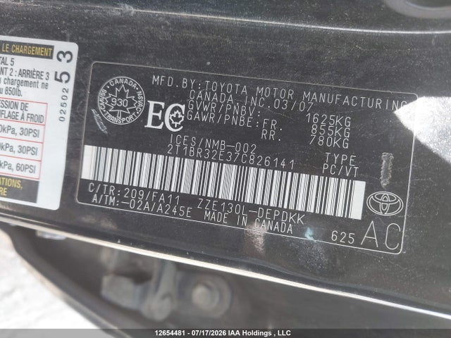 Продаж на аукціоні авто 2007 Toyota Corolla Ce/le/s, vin: 2T1BR32E37C826141, номер лоту: 12654481