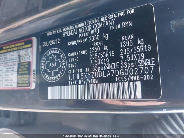 2013 Hyundai Santa Fe Sport 2.0t Limited მანქანა იყიდება აუქციონზე, vin: 5XYZUDLA7DG002707, აუქციონის ნომერი: 12654490