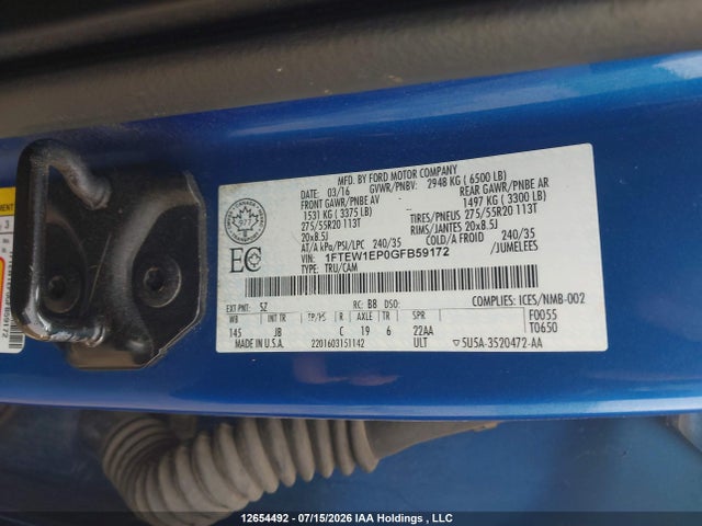 2016 Ford F-150 Xlt მანქანა იყიდება აუქციონზე, vin: 1FTEW1EP0GFB59172, აუქციონის ნომერი: 12654492