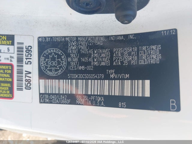 12654497 :رقم المزاد ، 5TDDK3DC5DS054379 vin ، 2013 Toyota Sienna Xle 7 Passenger مزاد بيع