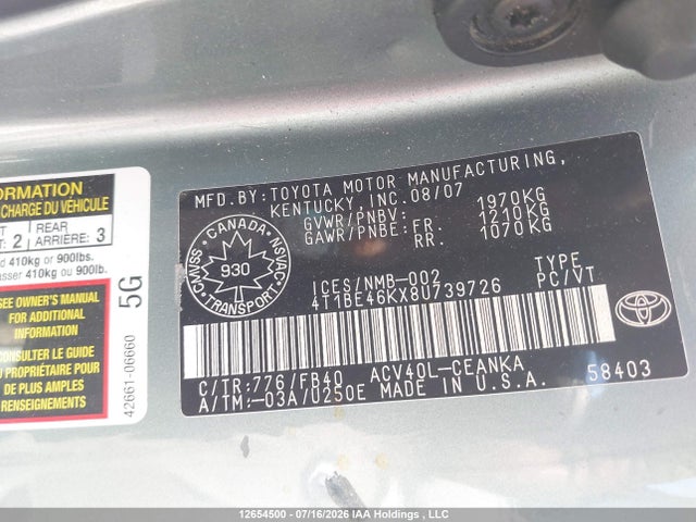 Продаж на аукціоні авто 2008 Toyota Camry, vin: 4T1BE46KX8U739726, номер лоту: 12654500