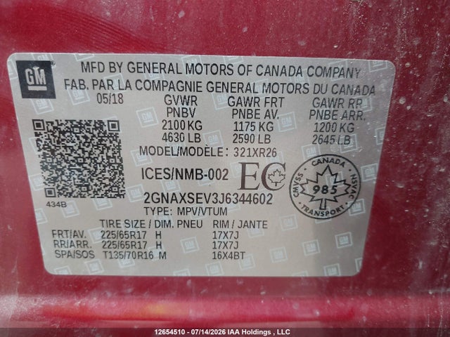 Aukcja sprzedaży 2018 Chevrolet Equinox Lt, vin: 2GNAXSEV3J6344602, numer aukcji: 12654510