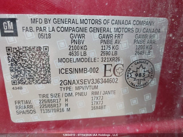 Aukcja sprzedaży 2018 Chevrolet Equinox Lt, vin: 2GNAXSEV3J6344602, numer aukcji: 12654510