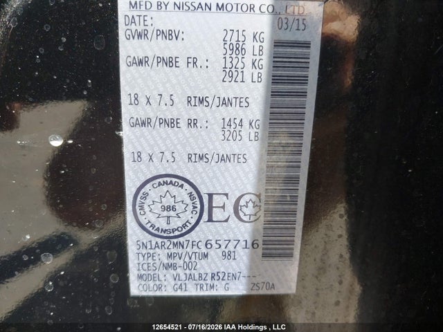Nissan Pathfinder S 2015 5N1AR2MN7FC657716 Image 9