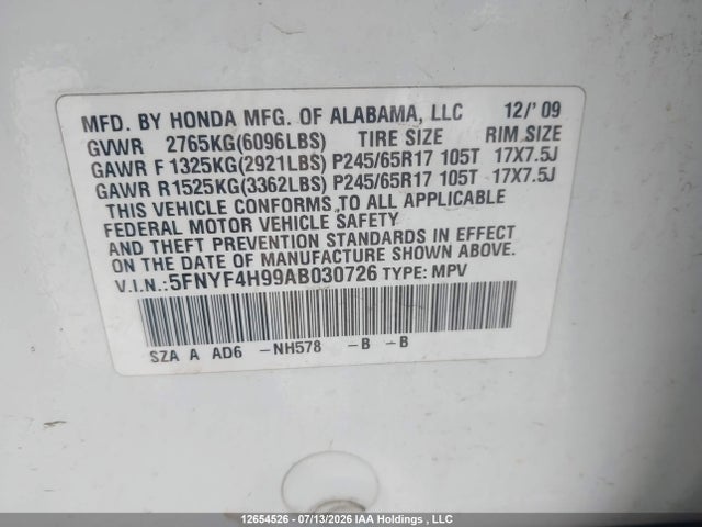 Продаж на аукціоні авто 2010 Honda Pilot Touring, vin: 5FNYF4H99AB030726, номер лоту: 12654526