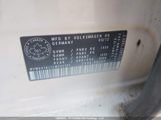 2012 Volkswagen Golf Gti 5-door მანქანა იყიდება აუქციონზე, vin: WVWGV7AJ1CW292307, აუქციონის ნომერი: 12654533