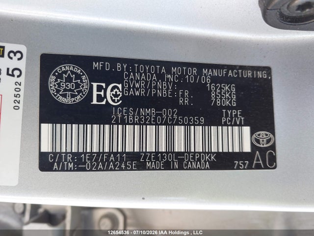 12654536 :رقم المزاد ، 2T1BR32E07C750359 vin ، 2007 Toyota Corolla Ce/le/sport مزاد بيع