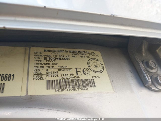 12654538 :رقم المزاد ، 3N1BC1CPXBL376681 vin ، 2011 Nissan Versa 1.8s مزاد بيع