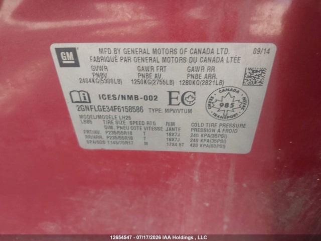 Продаж на аукціоні авто 2015 Chevrolet Equinox 2lt, vin: 2GNFLGE34F6158586, номер лоту: 12654547