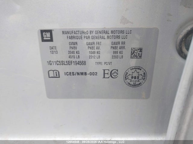 Продаж на аукціоні авто 2014 Chevrolet Malibu 1lt, vin: 1G11C5SL5EF194568, номер лоту: 12654548