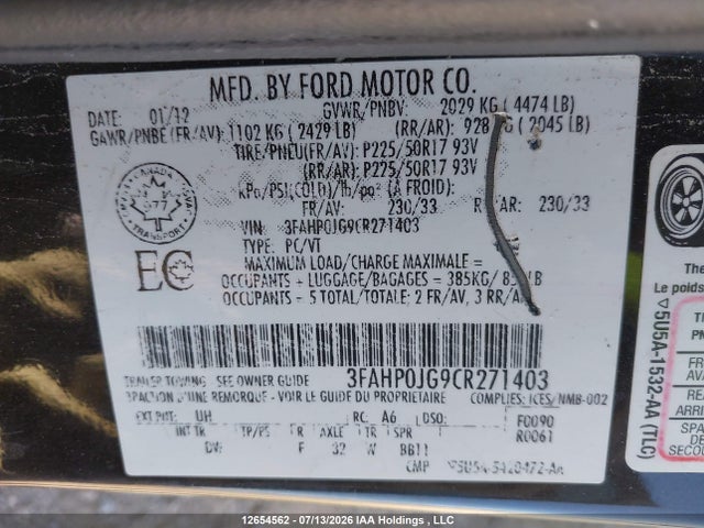 Aukcja sprzedaży 2012 Ford Fusion Sel, vin: 3FAHP0JG9CR271403, numer aukcji: 12654562