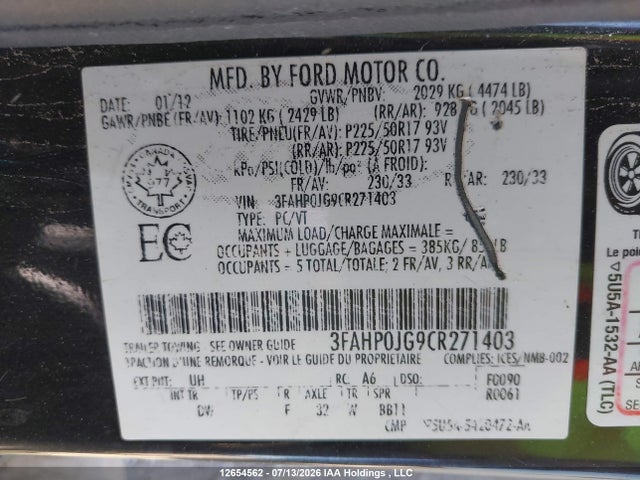 Aukcja sprzedaży 2012 Ford Fusion Sel, vin: 3FAHP0JG9CR271403, numer aukcji: 12654562