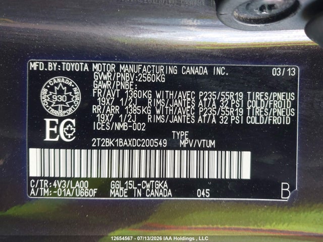 Aukcja sprzedaży 2013 Lexus Rx 350, vin: 2T2BK1BAXDC200549, numer aukcji: 12654567