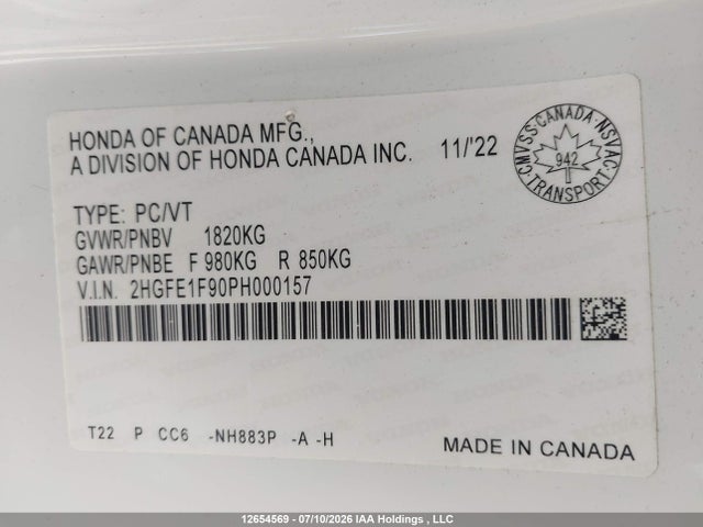 2HGFE1F90PH000157 Honda Civic Touring