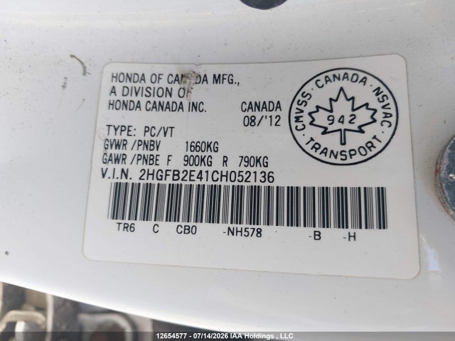 2012 Honda Civic Lx მანქანა იყიდება აუქციონზე, vin: 2HGFB2E41CH052136, აუქციონის ნომერი: 12654577