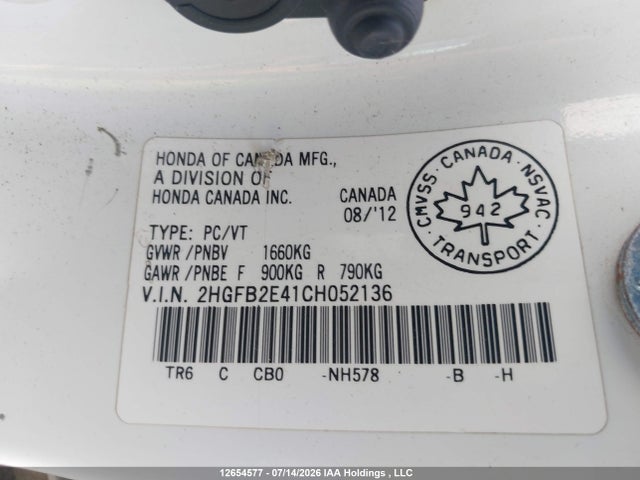 2012 Honda Civic Lx მანქანა იყიდება აუქციონზე, vin: 2HGFB2E41CH052136, აუქციონის ნომერი: 12654577