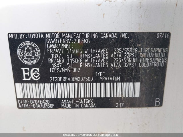 Toyota Rav4 Limited 2014 2T3DFREV3EW207509 Image 9