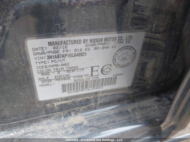 2016 Nissan Sentra S/sv/sr/sl მანქანა იყიდება აუქციონზე, vin: 3N1AB7AP1GL648921, აუქციონის ნომერი: 12654585