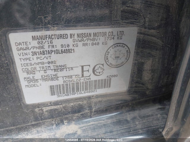 2016 Nissan Sentra S/sv/sr/sl მანქანა იყიდება აუქციონზე, vin: 3N1AB7AP1GL648921, აუქციონის ნომერი: 12654585