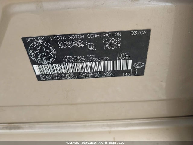 Auction sale of the 2007 Lexus Es 350 350, vin: JTHBJ46G972003039, lot number: 12654586