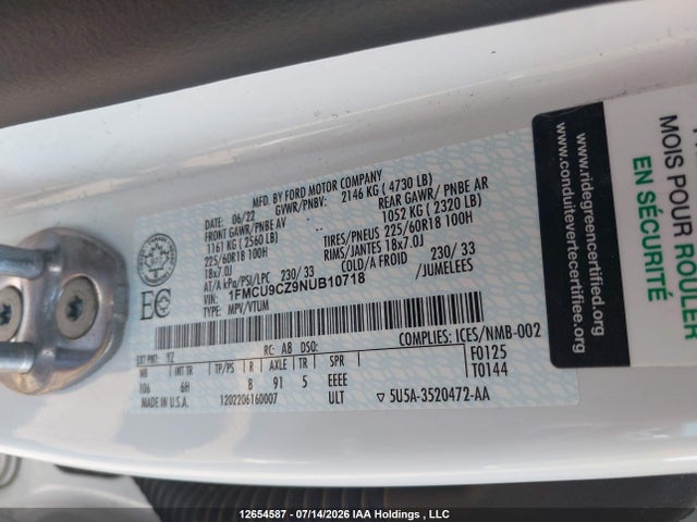 12654587 :رقم المزاد ، 1FMCU9CZ9NUB10718 vin ، 2022 Ford Escape Sel Hybrid مزاد بيع