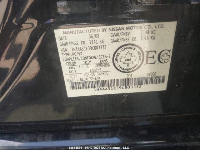 2009 Nissan Maxima S/sv მანქანა იყიდება აუქციონზე, vin: 1N4AA51E39C803332, აუქციონის ნომერი: 12654591