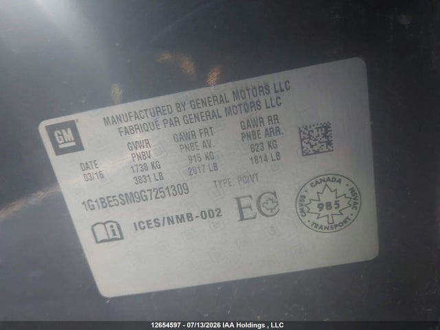 1G1BE5SM9G7251309 Chevrolet Cruze Lt Auto
