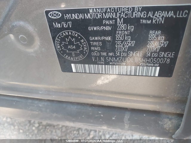12654599 :رقم المزاد ، 5NMZUDLB5HH050078 vin ، 2017 Hyundai Santa Fe Sport مزاد بيع