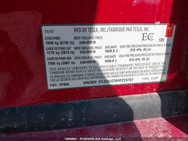 Aukcja sprzedaży 2017 Tesla Model S, vin: 5YJSA1E26HF226787, numer aukcji: 12654601
