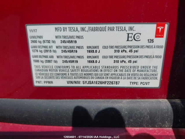 Aukcja sprzedaży 2017 Tesla Model S, vin: 5YJSA1E26HF226787, numer aukcji: 12654601