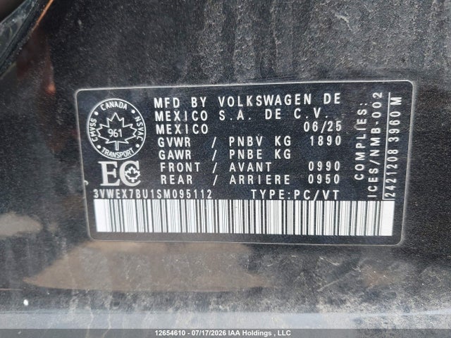 2025 Volkswagen Jetta Comfortline მანქანა იყიდება აუქციონზე, vin: 3VWEX7BU1SM095112, აუქციონის ნომერი: 12654610