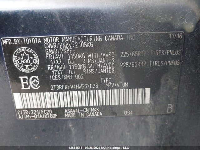 2017 Toyota Rav4 Xle მანქანა იყიდება აუქციონზე, vin: 2T3RFREV4HW567026, აუქციონის ნომერი: 12654618