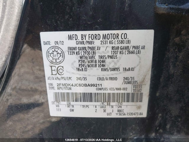 2013 Ford Edge Sel მანქანა იყიდება აუქციონზე, vin: 2FMDK4JC6DBA99211, აუქციონის ნომერი: 12654619
