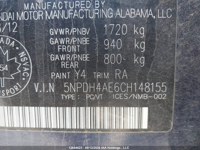 Продаж на аукціоні авто 2012 Hyundai Elantra Gls, vin: 5NPDH4AE6CH148155, номер лоту: 12654623