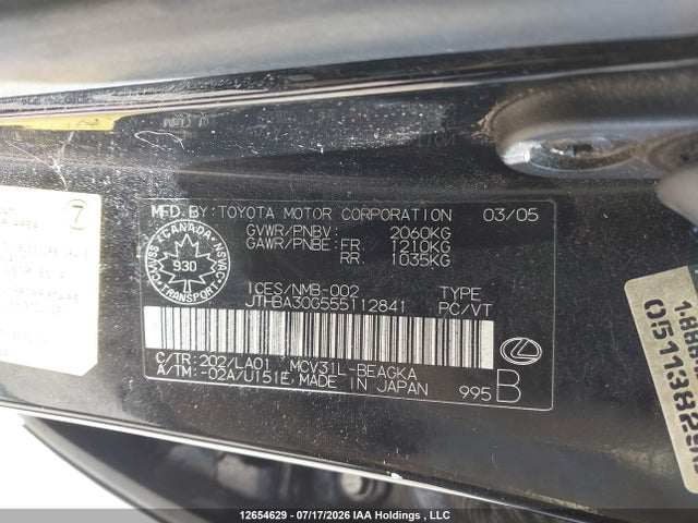 Aukcja sprzedaży 2005 Lexus Es330, vin: JTHBA30G555112841, numer aukcji: 12654629