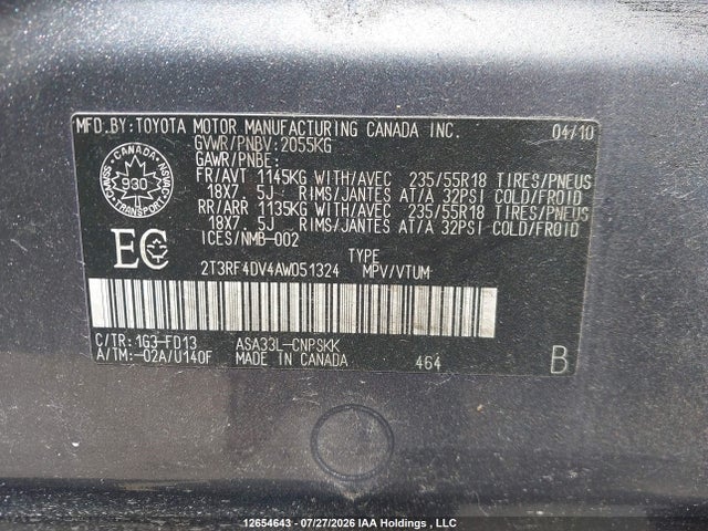 12654643 :رقم المزاد ، 2T3RF4DV4AW051324 vin ، 2010 Toyota Rav4 Sport مزاد بيع