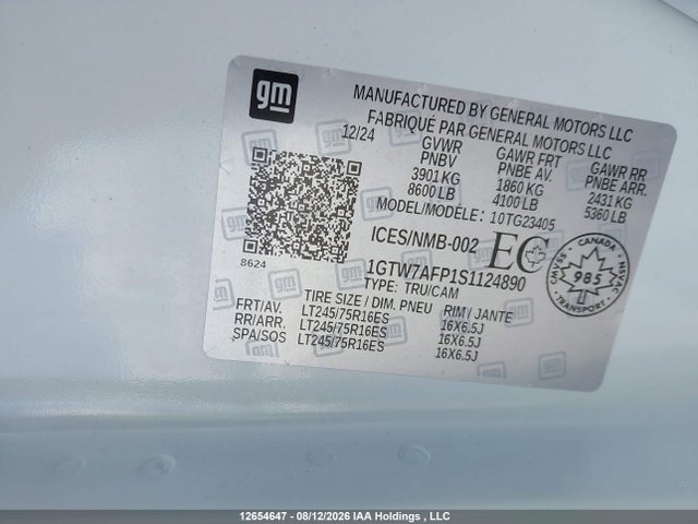 Продажа на аукционе авто 2025 Gmc Savana Cargo 2500 Regular Wheelbase, , Rwd, vin: 1GTW7AFP1S1124890, номер лота: 12654647