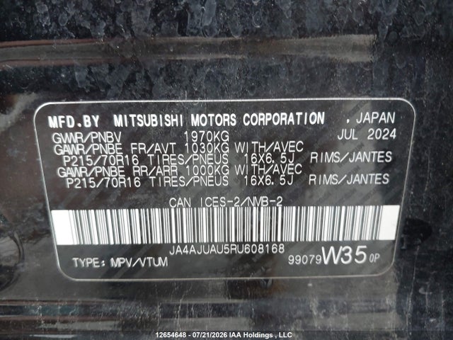 2024 Mitsubishi Rvr Es მანქანა იყიდება აუქციონზე, vin: JA4AJUAU5RU608168, აუქციონის ნომერი: 12654648